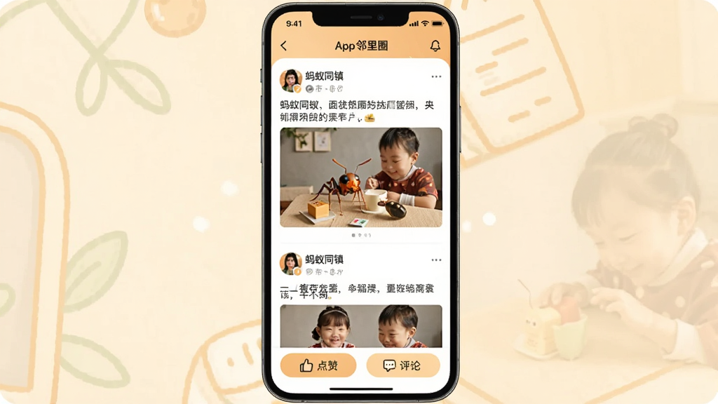 һ��չʾ������ͬ��App����Ȧ�����ͼƬ���ֻ���Ļ����ʾ�û������������б����������������ֺ�ͼƬ���ײ��е��޺����۰�ť����������ܰ������Ϊǳůɫ�����ʸɾ��޶���Ԫ��