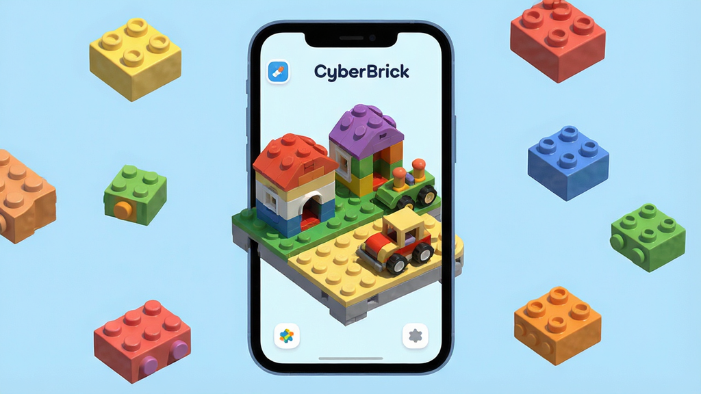 һ��չʾCyberBrickӦ�ú��Ľ����ͼƬ��������һ���ֻ���Ļ����Ļ����ʾ��ɫ�����޵Ļ�ľ�����̨������̨���м����Ѿ�ƴ�õ�С���Ӻ�һ��С��ģ�ͣ���Ļ��ΧƯ���Ÿ�����״�Ļ�ľ�����������ǳ��ɫ������Ǹɾ��ִ���3D��Ⱦ�磬����������ϸ��Բ�󣬻��ʸɾ��޶���Ԫ�أ�ͼƬ�д�����