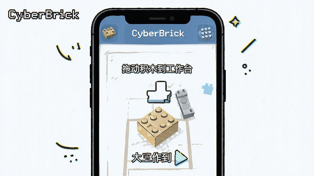 һ��չʾCyberBrick���ֲ��������ͼƬ��������һ���ֻ���Ļ��ʾ��Ӧ���ڵ������������裬��Ļ���м�ͷ��������ʾ���϶���ľ������̨�����������ֻ����У���Χ�м򵥵�����װ�Σ�����Ǳ�ƽ���Ľ̳̲廭�磬ϸ�������������ɶ������ʸɾ��޶���Ԫ�أ�ͼƬ�д�����
