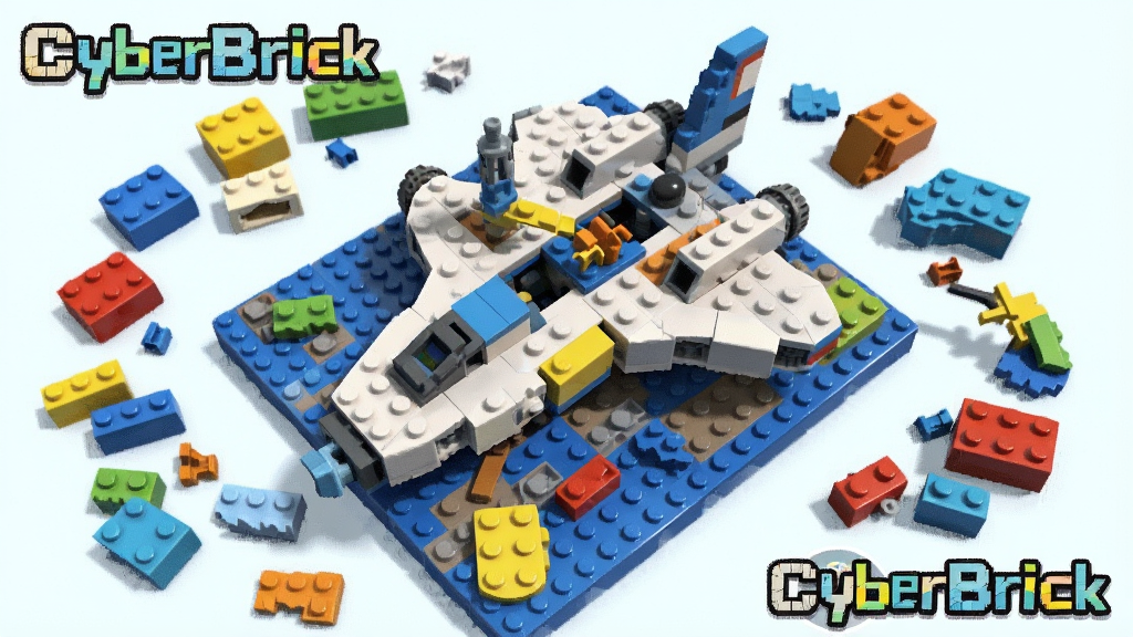 һ��չʾCyberBrickӦ�������ɴ������ͼƬ��������һ������Ļ�ľ�̨��̨����һ������ƴ���еİ��Ʒ�ɴ�ģ�ͣ���Χɢ���Ÿ�����ɫ����״�Ļ�ľ����������Ϸɴ����У����Χ�����ܣ�������������õĿ�ͨ3D�磬ϸ�����ܿ�����ľ����İ�͹�����͹��󣬻��ʸɾ�������ͼƬ�д�����