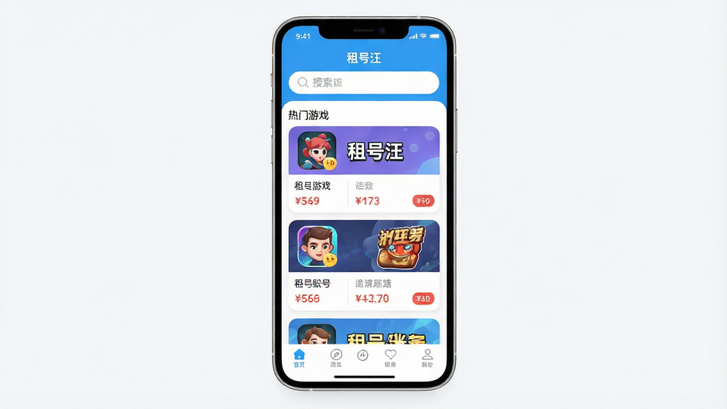 һ���ֻ�Ӧ�ý����ȫ��չʾͼ�����������ǡ��������App����ҳ�����������������ɼ����м�չʾ��������Ϸ�˺ŵĿ�Ƭ�б�����Ƭ������Ϸͼ��ͼ۸��ǩ���ײ��ǵ����������岼�ֲ������½ṹ�����Ϊ�ִ���ƽ����ƣ�ϸ��Բ�󣬻��ʸɾ��������޶���Ԫ�أ�������࣬ͻ��Ӧ������