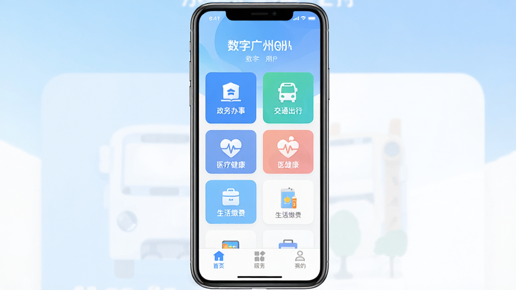 ���ֹ���App������ȫòչʾ���ֻ���Ļ���湹ͼ������Ϊ����ɫ���䱳�����м��ǿ�Ƭʽ������ڣ�����������¡���ͨ���С�ҽ�ƽ���������ɷѵ�ͼ�꣬�ײ�Ϊ��ҳ�������ҵ�����ѡ������������ִ���ƽ�������ֱ�ǩ����������ɫ��������Ϊ�����ɾ������޶���Ԫ�أ����廭��