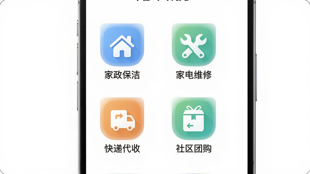 ���APP�������ۺ�ҳ��չʾͼ���������ֻ���Ļ��ʾ�������ࡢ�ҵ�ά�ޡ���ݴ��ա������Ź��ĸ�����ͼ�꣬ͼ�����г��������У���������Ļ���룬����Ϊ��ɫ�����ϸ��Բ�����������ʸɾ��޶���Ԫ��