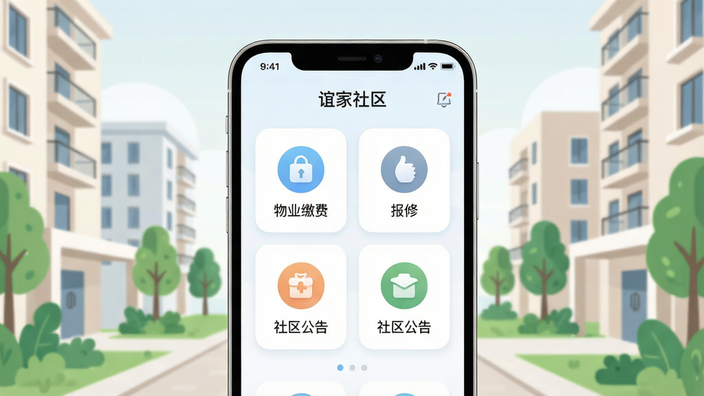 һ��չʾ����ǻ�����APPȫò�ĳ���ͼ��������һ�������ֻ���Ļ������ʾ���APP�����棬�����г�����ҵ�ɷѡ����ޡ��Ž������������ĸ�����ģ��ͼ�꣬�������ֻ���Ļ���룬��Χ�������ִ���С��¥�����ֲ��ǳɫ�������Ű���У�����ִ�����ƽ����ϸ��Բ����ͣ����ʸɾ��������޶���Ԫ��