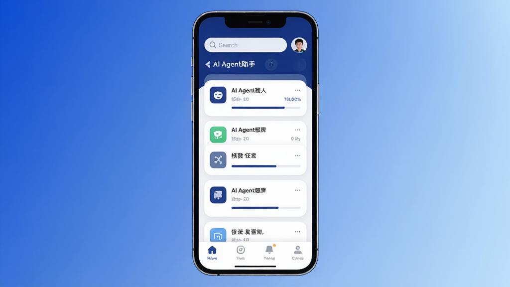 AI Agent���� ����������չʾ������������һ�������ֻ�����Ļ����ʾAI Agent����Ӧ�ý��棬����������ɫ�Ͱ�ɫΪ��ɫ�������������������û�ͷ���м�������Ƭ�б���ÿ����Ƭ����ͼ��ͽ��������ײ����ĸ�������ǩ������Ϊ���Ľ�����ɫ������ִ���ƽ����ϸ��Բ�󣬻��������ɾ����޶���Ԫ��