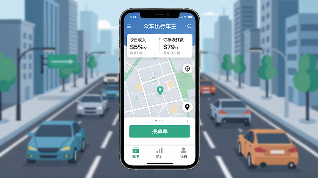����ȫòչʾ�������������ֻ���Ļ����Ļ����ʾ���ڳ����г�����App�����棬������ʾ��������Ͷ��������м��ǵ�ͼ�ͽӵ���ť���ײ����˵���ͳ�ơ��ҵ�����ѡ��������ǳ��е�·�ͳ���������ִ���ƽ��ϸ�����������ʸɾ��޶���Ԫ��