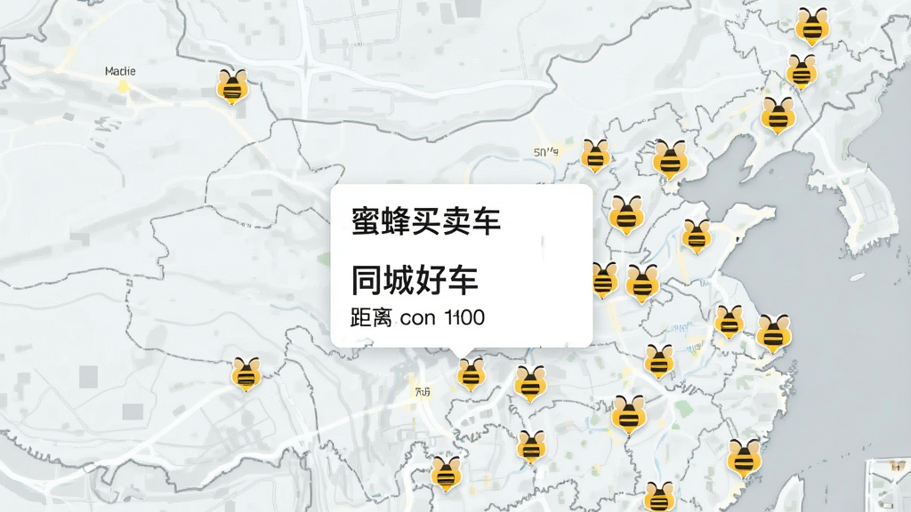 一张中国地图的局部,上面标记着多个小蜜蜂图标代表车源位置,地图中央弹出