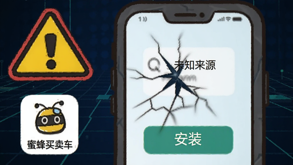 一个卡通形象的手机屏幕裂开,旁边有警示标志和