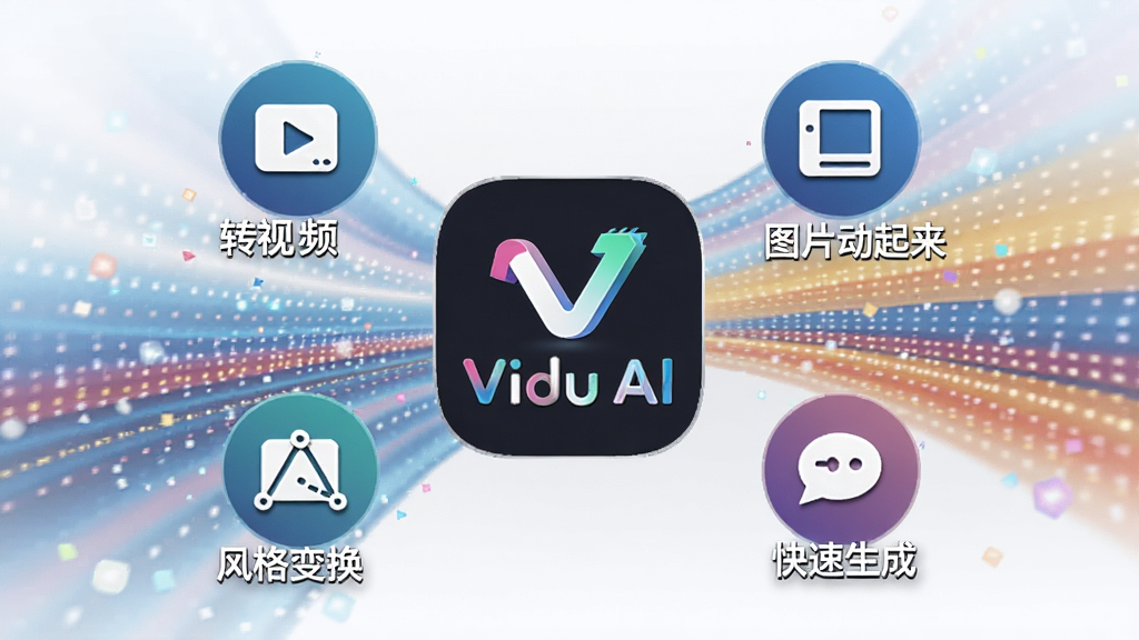 һ��չʾVidu AI���Ĺ��ܵ�����ͼ������������Vidu AI��Logo����Χ����������ת��Ƶ��ͼƬ�����������任�����������ĸ�����ͼ�꣬�����������Ĳ�ɫ�����������Ƽ���ʮ�㣬����Ϊ���з���״�����������������޶���Ԫ��
