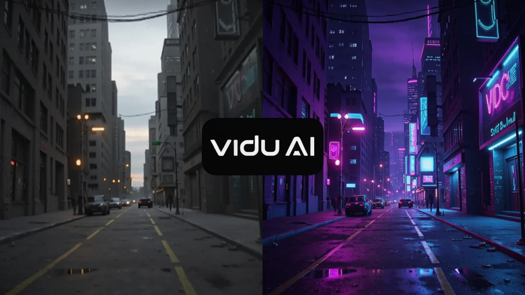 һ��չʾVidu AI���Ǩ�ƹ��ܵĶԱ�ͼ���������ͨ�ĳ��н־���Ƶ��ͼ���ұ���ͬһ�������������˷���Ļ��棬�޺�ƹ�Ѥ����ɫ��ƫ�����������м���Vidu AI�ı�ʶ�����岼�����ҶԱȣ������������������