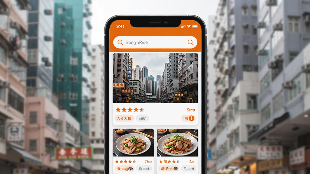 OpenRice �ֻ�Ӧ��������չʾ�������������ֻ���Ļ����Ļ����ʾ��۳��б����µĲ����б�����ʳͼƬ�������Գ�ɫ�Ͱ�ɫΪ��ɫ�������������������·��ǲ�����Ƭ�б����������ֺͲ�ϵ��ǩ������ִ���࣬ϸ�����������ʸɾ����޶���Ԫ��