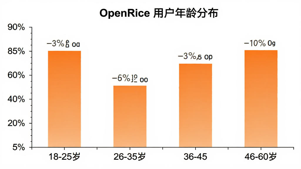 OpenRice �û�����ֲ���״ͼ��ͼ������Ϊ��OpenRice �û�����ֲ�����������ʾ18-25�ꡢ26-35�ꡢ36-45�ꡢ46-60���ĸ�����Σ�������ʾ�ٷֱȣ���״��ɫΪ��ɫ���䣬������ɫ�������רҵ�����ݱ�ǩ���������ʸɾ����޶���Ԫ��