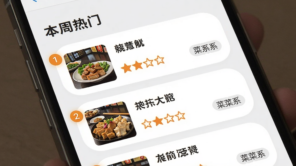 OpenRice Ӧ���ڰ�ҳ�棬�ֻ���Ļ��ʾ��ʳ���а񵥣������С��������š����⣬�·��Ǵ��������ֵĲ�����Ŀ��ÿ����������Сͼ�����ơ����ֺͲ�ϵ��ǩ��������ǳ��ɫ����ƬΪ��ɫԲ�Ǿ��Σ���ɫ�����������֣���������׶������ʸɾ����޶���Ԫ��