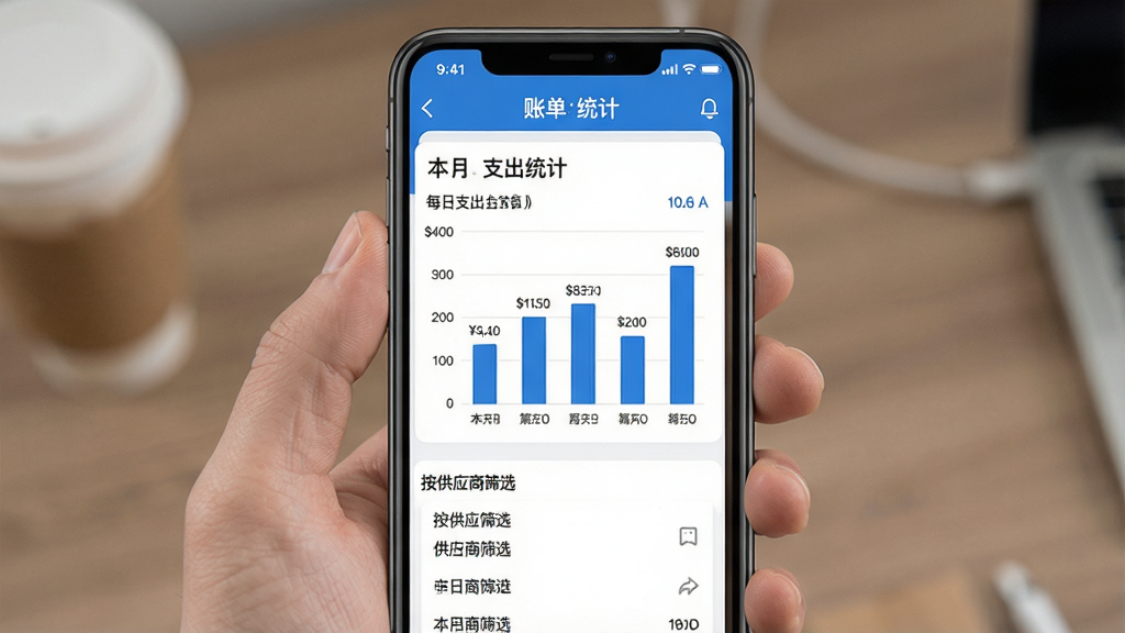 ���ܽ���App�˵�ͳ��ҳ��չʾ���ֻ���Ļ��ʾ������֧��ͳ�ơ����⣬�·�����״ͼչʾÿ��֧�����ײ��а���Ӧ��ɸѡ���б���������ɫΪ������䣬ͼ������ֱ�ۣ���������ˬ�ɾ�������ϸ���޶���װ��