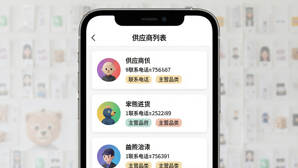 ���ܽ���App��Ӧ�̹�������չʾ������Ϊ�ֻ���Ļ��д����Ļ�Ϸ���ʾ����Ӧ���б������⣬�·������Ŷ����Ӧ�̿�Ƭ��ÿ����Ƭ������Ӧ�����ơ���ϵ�绰����ӪƷ���ǩ����Ƭ����в�ɫԲ��ͷ�����岼������������Ϊ��ɫ����������񣬻��ʸɾ�������Ԫ��