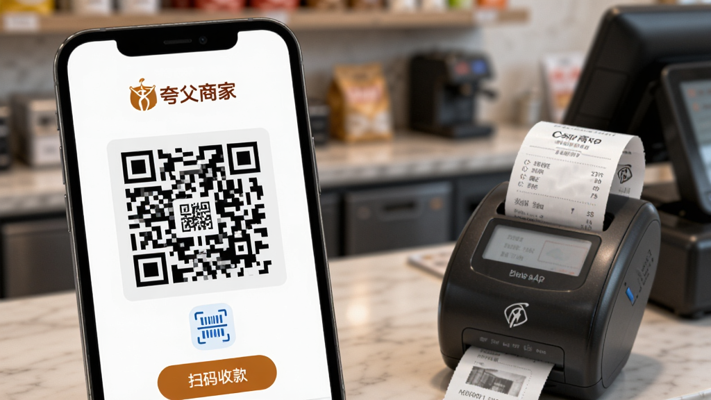 �丸�̼�APP�տ������д���ֻ���Ļ��ʾһ���޴�ľۺ��տ��ά�룬��ά���Ϸ��С��丸�̼ҡ���Ʒ�Ʊ�ʶ����ά���·���һ��ɨ��ǹͼ��͡�ɨ���տ��ť���ֻ��Ա߷���һ̨����СƱ��ӡ�����ڴ�ӡСƱ��������ģ���ĵ��̹�̨���������дʵ���񣬻���������������Ԫ�ء�