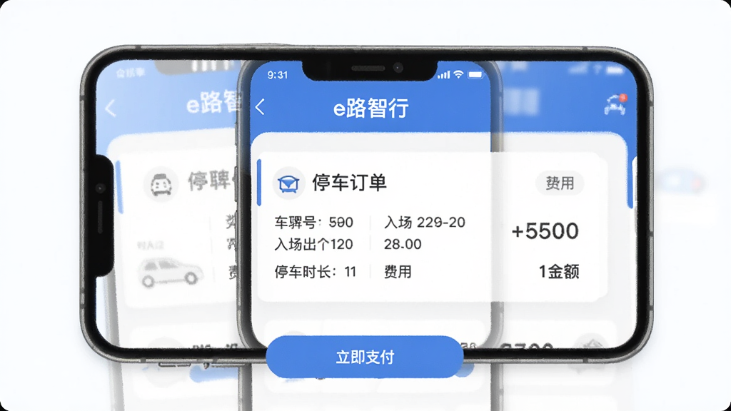 AI��ͼ������չʾ��e·���С�App���˵�����ҳ�棬�ֻ���Ļ������ʾһ��ͣ��������¼���������ƺš��볡����ʱ�䡢ͣ��ʱ���ͷ��ý��·��С�����֧������ť��������Ƽ�࣬��ɫ��ɫ����������������ƽ����񣬻��ʸɾ��޶���Ԫ��