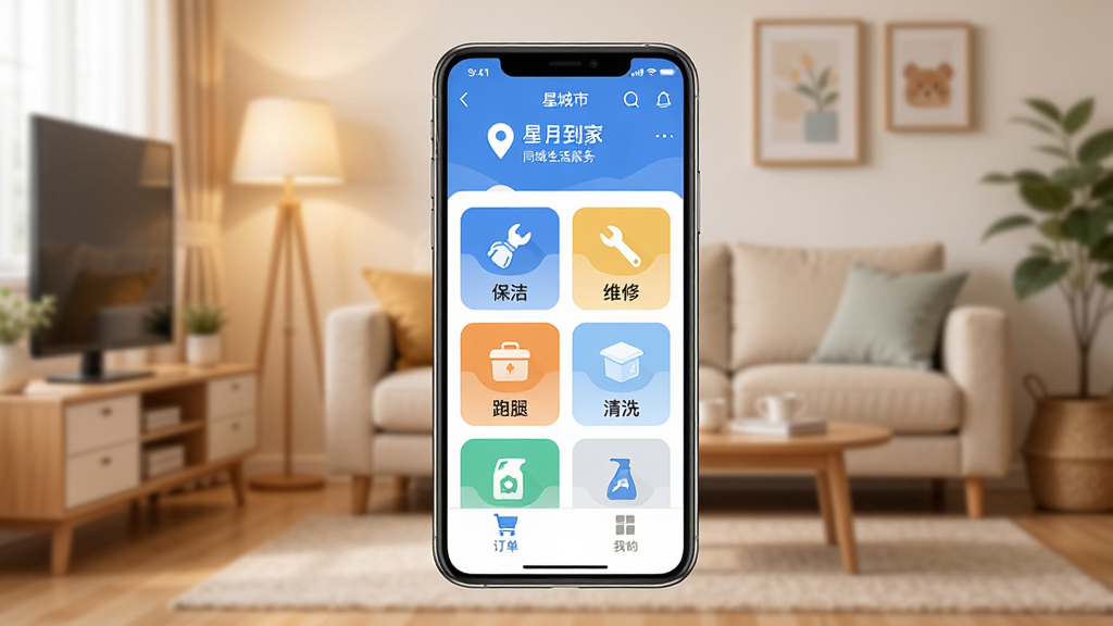 ���µ��� ͬ�������������������չʾ�������������ֻ���Ļ����Ļ����ʾ���µ���APP��ҳ��������λ��ʾ��ǰ���У��м��Ǳ��ࡢά�ޡ����ȡ���ϴ�ȷ������ͼ�꣬�ײ��Ƕ������ҵ�ҳ����ڣ���������ܰ�ļҾӳ����������������ϸ�ڸɾ������������޶���Ԫ��