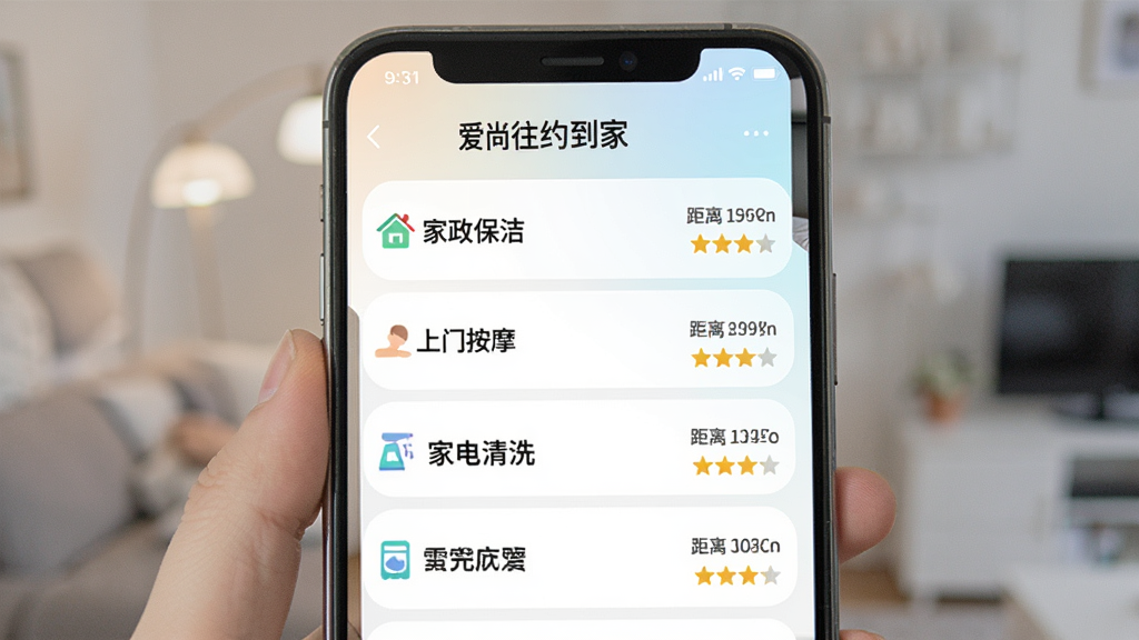 һ��չʾ�ֻ���Ļ��ͼƬ����Ļ���ǡ�������Լ���ҡ�APP�ķ����б�ҳ�棬�б���������������ࡱ�������Ű�Ħ�������ҵ���ϴ���ȣ�ÿ����Ŀ�Ҳ���ʾ��������֣�������ǳɫ���䣬�����ˬ���������룬������������������Ϣ