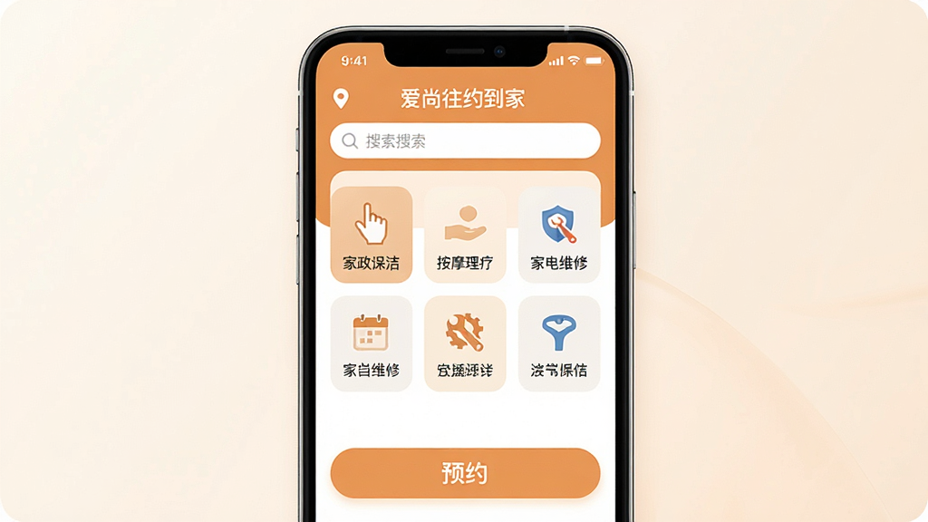 һ���ֻ�Ӧ�ý���չʾͼ�����������ǡ�������Լ���ҡ�APP����ҳ��������ʾ��ǰλ�ú��������м����������е����ŷ�����Ŀͼ�꣬�����������ࡢ��Ħ���ơ��ҵ�ά�޵ȣ��ײ�����Ŀ��ԤԼ��ť�����岼������������ִ���Լ����ůɫ��Ϊ�������ʸɾ��������޶���Ԫ��
