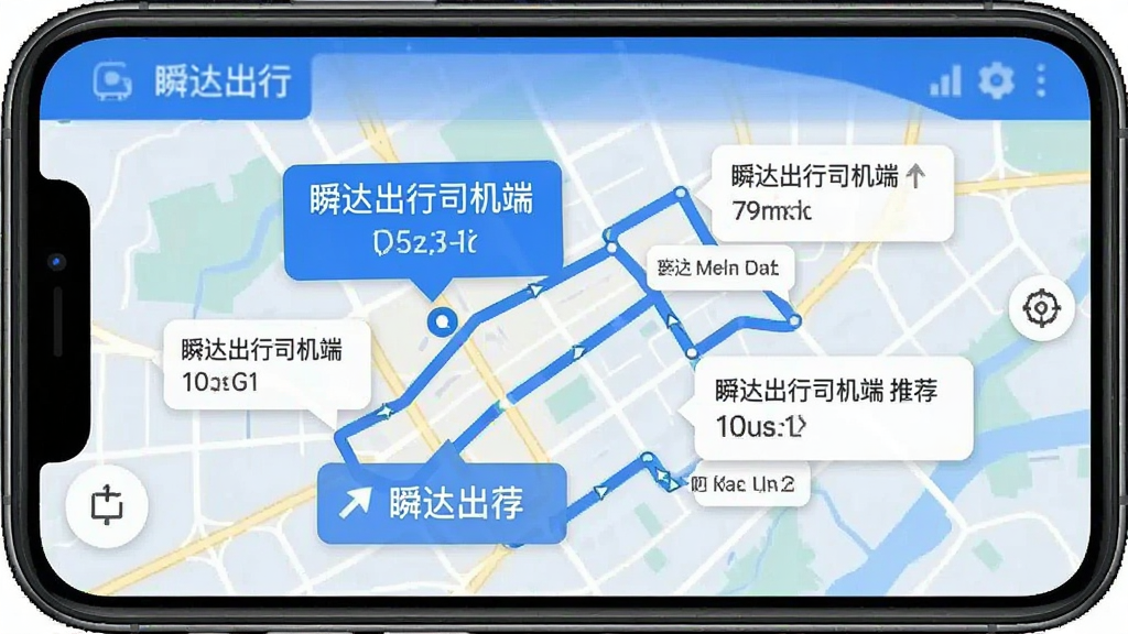 一张手机界面截图展示瞬达出行司机端智能派单功能,屏幕中央显示地图上多条路线和订单气泡,气泡上标注“瞬达出行司机端”推荐字样,周围有方向箭头和距离提示,风格扁平化,配色蓝白为主,画质清晰,无杂乱元素