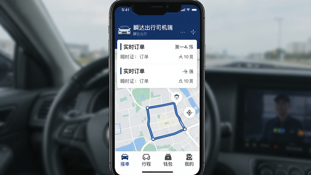 一张手机屏幕展示瞬达出行司机端App主界面,界面顶部显示“瞬达出行司机端”文字,中间是实时订单列表和地图路线,底部有接单、行程、钱包、我的四个图标,整体采用深蓝色和白色配色,风格简洁现代,画质清晰干净,无多余元素