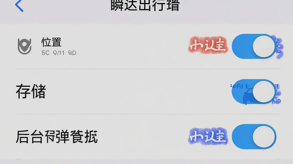 一张手机设置界面截图,展示瞬达出行司机端权限管理页面,包含位置、存储、后台弹出界面三个开关,开关旁有红色和蓝色标注,风格清晰直白,画质干净,无多余元素