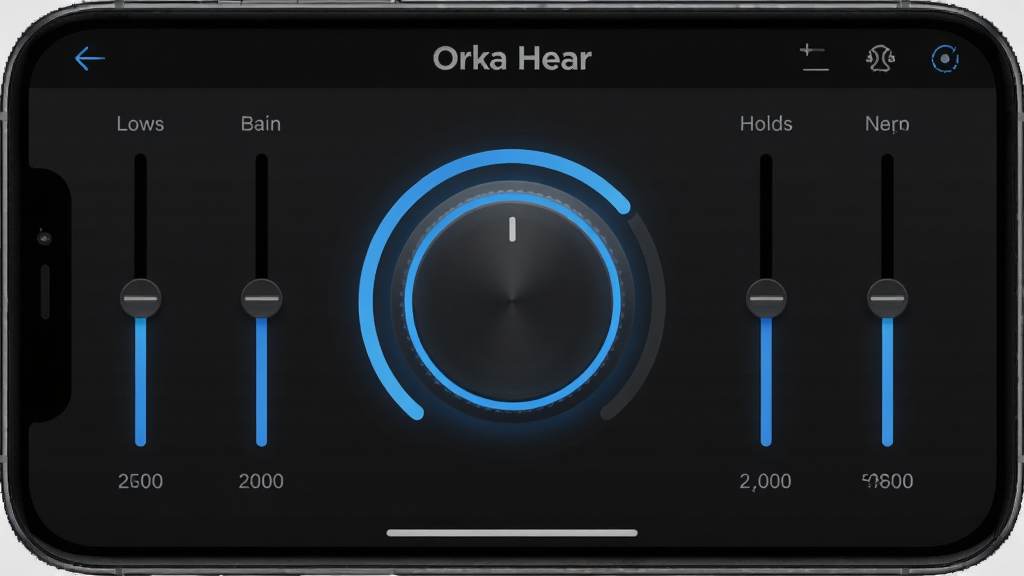 һ��չʾ Orka Hear �������Ľ�����ֻ���Ļ��ͼ����������ɫ�������Ƶ������壬�м���һ����Ŀ��Բ��������ǿ��ť����Χ�����ŵ������������������ȼ������ĵ��ڻ��飬�����������Ű��ִ������Ƽ���ʮ�㣬ϸ������ť������ɫ���Σ����ʸɾ��޶���Ԫ��