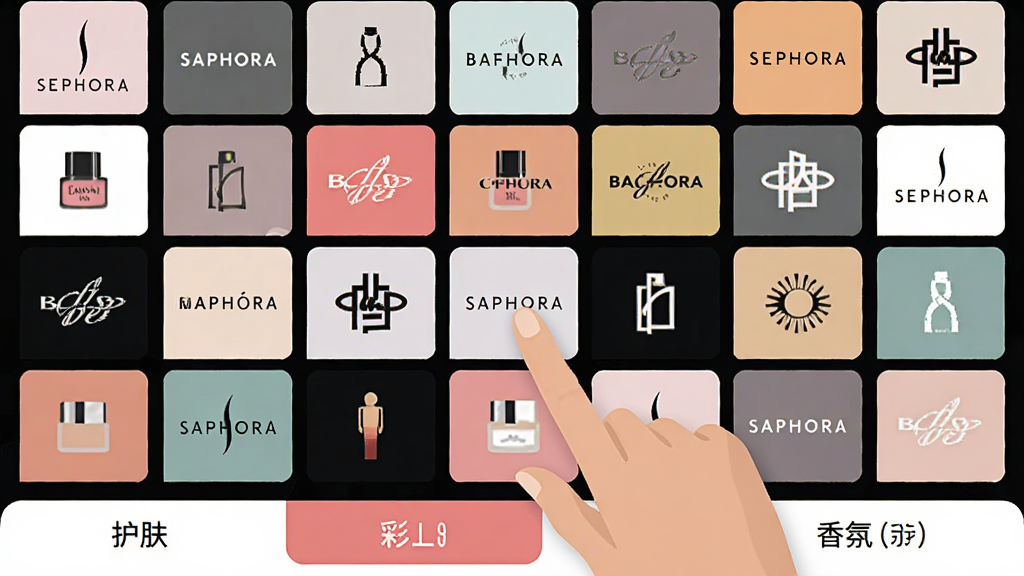 ˿ܽ��APPƷ��ǽ���棬��������һ���ɸ���֪����ױƷ��Logo��ɵ�����ǽ���·��л�������ױ����յȷ����ǩ��ǰ����һֻ�����ڵ����Ļ�ϵ�Ʒ��ͼ�꣬����ִ���ƽ��ɫ�ʷḻ����г�����ʸɾ����޶���Ԫ��