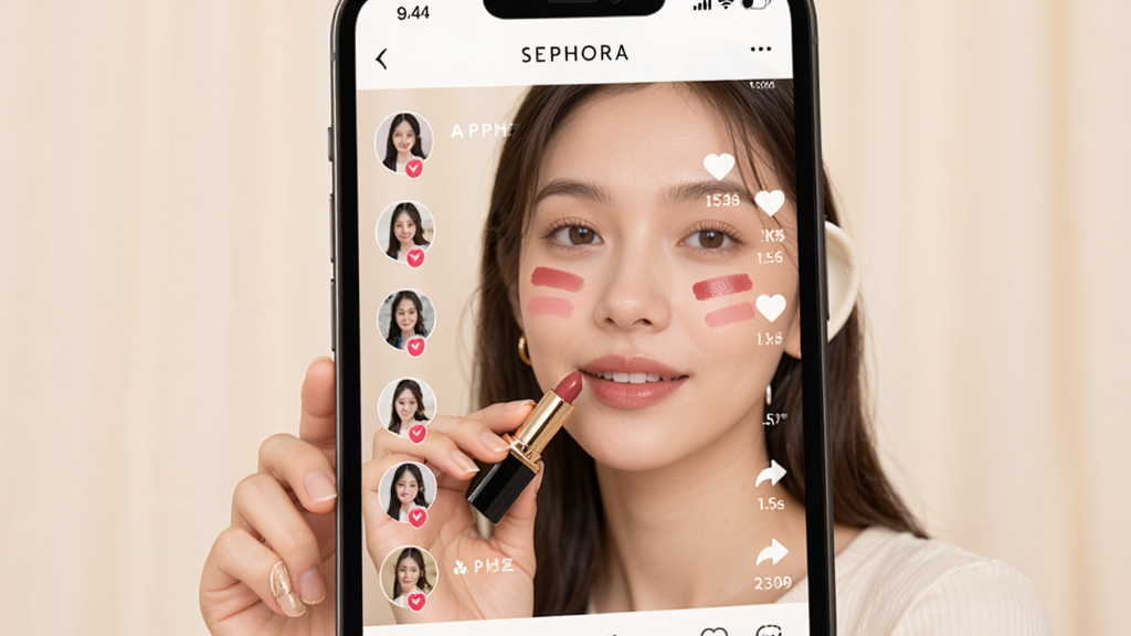 ˿ܽ��APP��ױ�������棬����չʾһ���ֻ���Ļ����Ļ����һλ����Ů������չʾ�ں���ɫ���Ա��ж���û�ͷ��͵�������ͼ�꣬��������͵��װ�ɫ�������ů���У�ϸ�����������ʸɾ����޶���Ԫ��