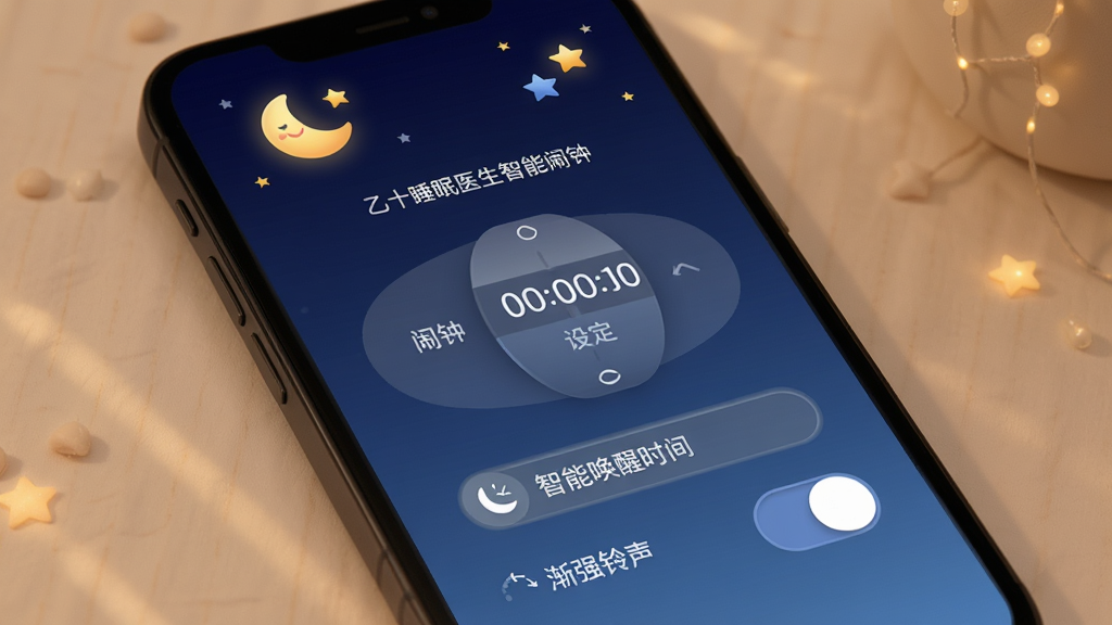 ��ʮ˯��ҽ�������������ý��棬�ֻ���Ļ��ʾ����ʱ���趨���֣��·������ܻ���ʱ�䴰��ѡ��ͽ�ǿ�������أ����涥��������������װ��ͼ�꣬����Ϊ��ҹ�����䣬���ֱ�ǩ��������ťԲ����������ܰ���������ʸ����޶���Ԫ��