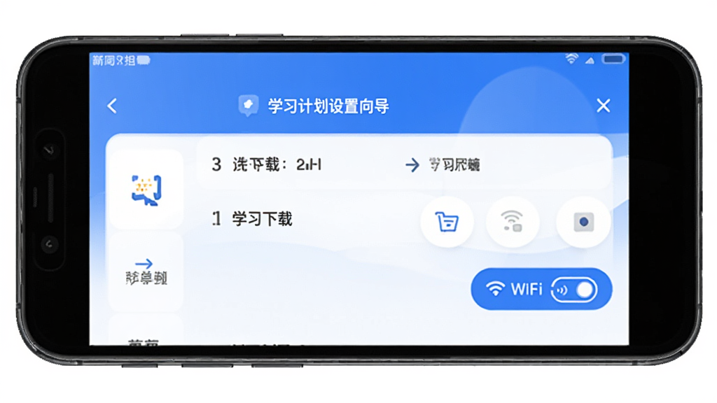 �߶�App���ֲ���ָ�����棬�ֻ���Ļ��ʾѧϰ�ƻ������򵼺�WiFi���ؿ���ѡ������������Ĳ�����ʾ��������ɫ��������Ѻ�