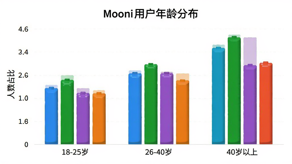 һ��չʾMooni�û�����ֲ���״ͼ��ͼƬ����������Ϊ��״ͼ�������ע����Ρ�18-25�ꡱ��26-40�ꡱ��40�����ϡ��������ע����ռ�ȣ����־��У��Ű�������������ݿ��ӻ���ϸ����������ɫ�������ԣ����ʸɾ����޶���Ԫ��