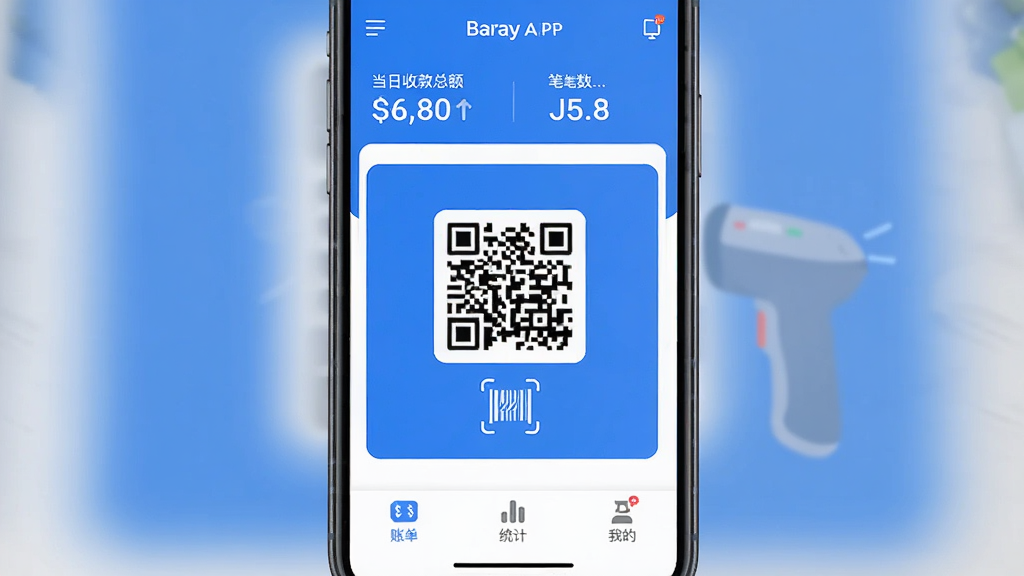 Baray�̼�Ӧ���������ͼ����������չʾ�ֻ���Ļ����Ļ����Baray�̼�APP��ҳ��������ʾ�����տ��ܶ�ͱ������м�����Ŀ���տ��ά���ɨ��ǹͼ�꣬�ײ�Ϊ�˵���ͳ�ƺ��ҵ�����ѡ����������������ɫ������ִ���ƽ��ͼ��Բ�󣬻��������ɾ����޶���Ԫ��
