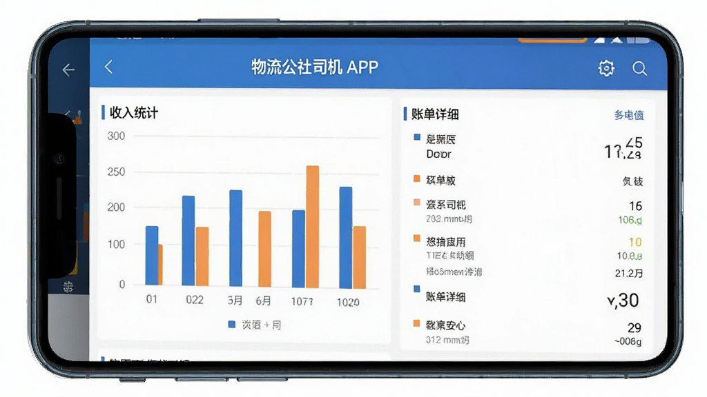 ��������˾��APP����ͳ��ҳ�棬�ֻ���Ļ��ʾ��״ͼ����ͳ�ƺ��˵���ϸ���С���������˾������������ɫ�ͳ�ɫͼ����ɫ��������������������࣬���ʸɾ��޶���Ԫ��