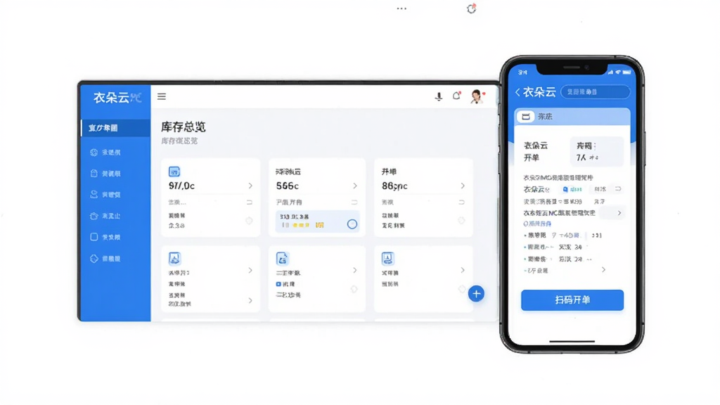 衣朵云IMC服装管理软件主界面展示,手机屏幕显示库存总览和扫码开单入口,蓝白配色,布局清晰,风格现代简洁,画质干净无多余元素