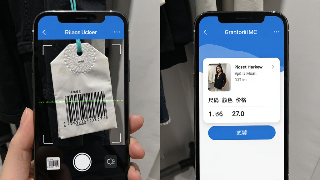 衣朵云IMC扫码开单功能展示,手机摄像头对准服装吊牌条码,屏幕弹出商品信息卡片,包含尺码颜色价格,界面简洁,操作直观,蓝白配色,画质干净