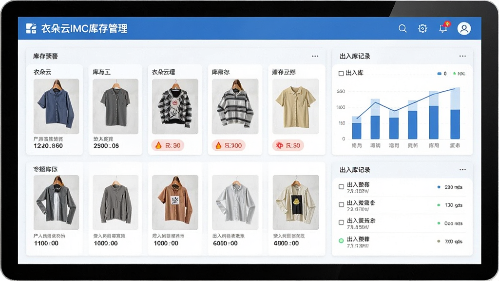 衣朵云IMC库存管理界面,显示多款服装的库存数量、预警状态和出入库记录,图表清晰,数据一目了然,蓝白配色,干净整洁