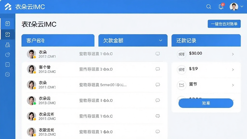 衣朵云IMC客户管理界面,展示客户列表、欠款金额和还款记录,支持一键导出对账单,界面清晰,蓝白风格,信息层级分明