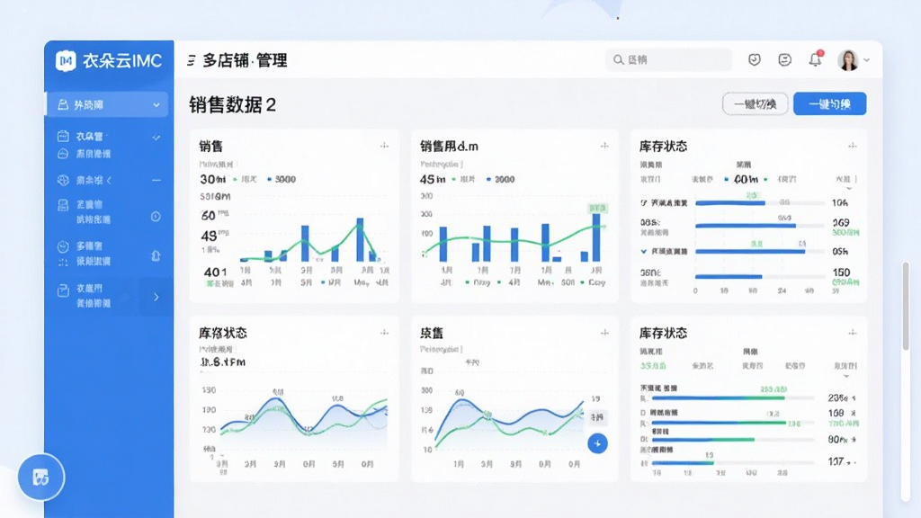 衣朵云IMC多店铺管理界面,展示不同店铺的销售数据和库存状态,支持一键切换,界面整洁,蓝白配色,信息呈现清晰