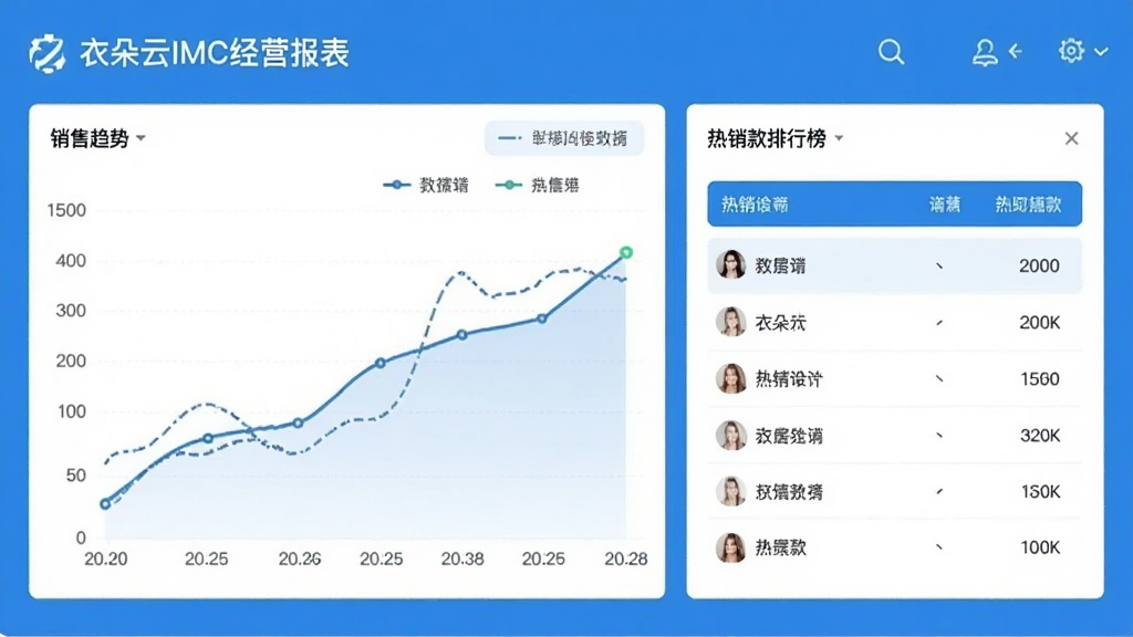 衣朵云IMC经营报表界面,展示销售趋势折线图和热销款排行榜,数据可视化清晰,蓝白配色,风格专业简洁