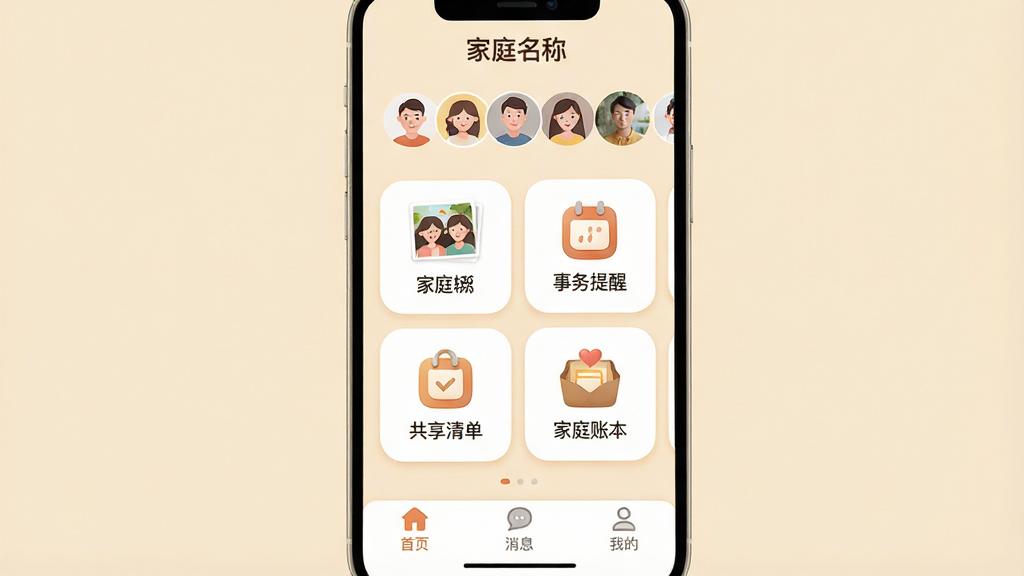 һ���ֻ�Ӧ�ý���չʾͼ�����������ǡ���ͥ��Դ��APP����ҳ����������ܰ��ǳ��ɫ��������ʾ��ͥ���ƺͳ�Աͷ���м������ż�ͥ��ᡢ�������ѡ������嵥����ͥ�˱��ĸ�Բ��ͼ�꿨Ƭ���ײ�����ҳ����Ϣ���ҵ�����������ť����������ů��࣬ͼ������Բ�󣬻��ʸɾ��������޶���Ԫ��