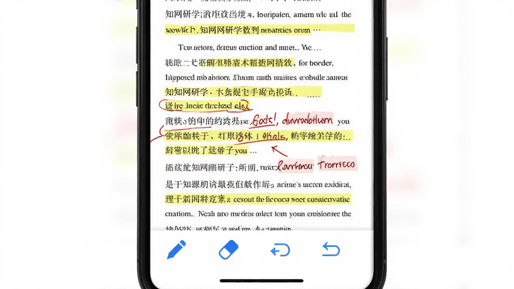 ����չʾ֪����ѧAPP���ֻ��ϵ��Ķ����棬��Ļ�м���һƪѧ�����ĵ�PDFҳ�棬�����л�ɫ�����ͺ�ɫ��ע��ǣ��ײ��й����������ʡ���Ƥ��������ͼ�꣬�����԰�ɫ����ɫΪ������������������ʸɾ��޶���Ԫ��