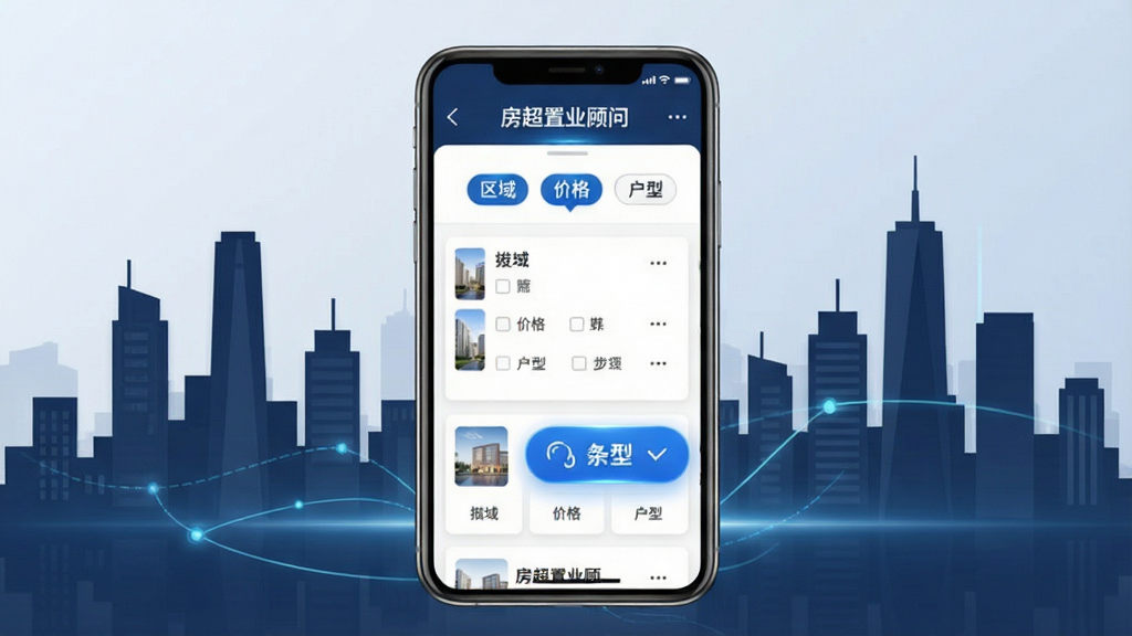 һ��չʾ��������ҵ���ʡ�¥�����Ͽ⹦�ܵ�ͼƬ�������������ֻ���Ļ����Ļ����ʾ¥���б���ɸѡ�����������򡢼۸񡢻��͵ȱ�ǩ������Ϊ���н�����Ӱ������Ϊ��Ƭʽ���У��Ű����������Ϊ����Ƽ��磬ϸ����ɸѡ��ťͻ�������ʸɾ��޶���Ԫ��