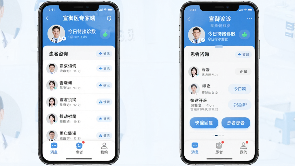 �ֻ���Ļ����չʾ������ҽר�Ҷˡ�App�����棬������ʾҽ��ͷ��ͽ��մ������������м�Ϊ������ѯ�б��Ϳ�ݻظ���ť���ײ�����Ϣ�����ߡ��ҵ�����ѡ��������԰�ɫ��ҽ����Ϊ��ɫ����ͼ��Բ��������������ɾ�רҵ�������Ű����룬���ʸ����޶���Ԫ��