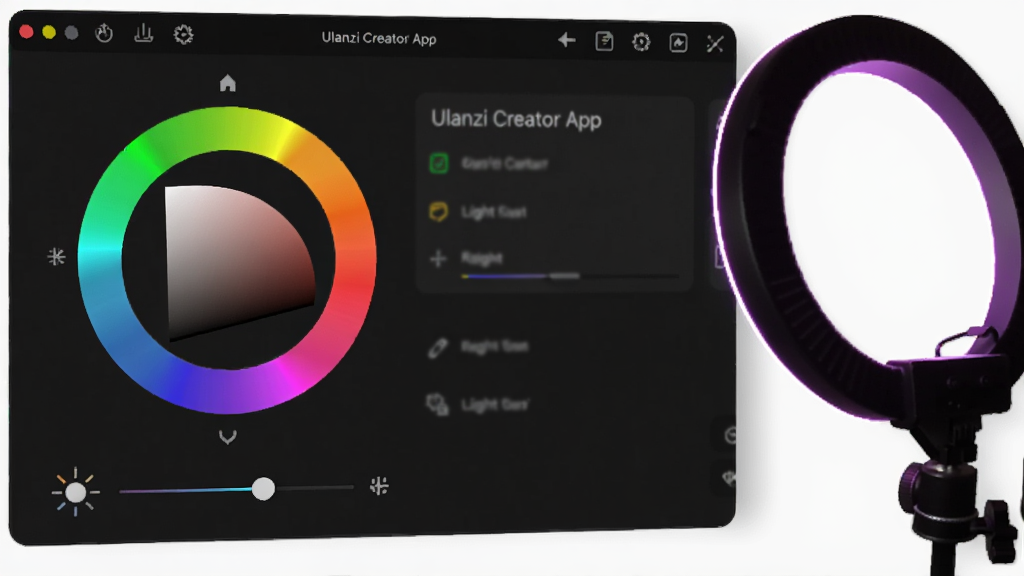һ��Ulanzi Creator App��RGB��ɫ�����ͼ����Ļ����һ����ɫԲ��ȡɫ�������Ȼ��飬�����ǰ�ɫUI���Ա���һյ��������ڷ�����ɫ��â����������רҵ��ϸ�����������ʸɾ��޶���Ԫ��
