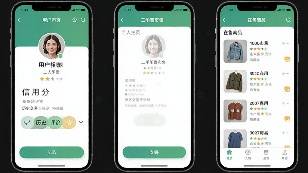 ���������м�����APP�ĸ�����ҳ���棬չʾ�û�ͷ�����÷֡���ʷ�������ۺ�������Ʒ�б������沼���������������������ʸɾ������ֶ��������м����׵��û�������ϵ