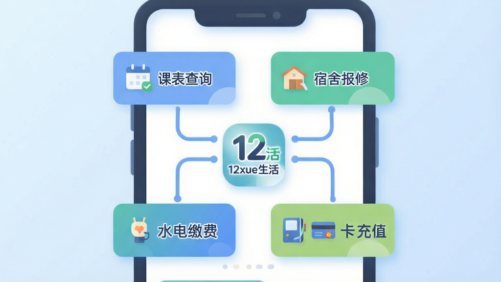 һ��չʾ��12xue���һվʽ�����ܵĲ廭������������һ���ֻ���Ļ����Ļ����ʾ������ܿ�Ƭ�������У���Ƭ�Ϸֱ�д�š��α���ѯ���������ᱨ�ޡ�����ˮ��ɷѡ�����У԰����ֵ������Ƭ֮����������ָ��һ������ͼ�꣬����ͼ���ǡ�12xue�����Logo�������ǵ���ɫ���䣬����ƽ����ϸ��Բ�󣬻��ʸɾ����޶���Ԫ��