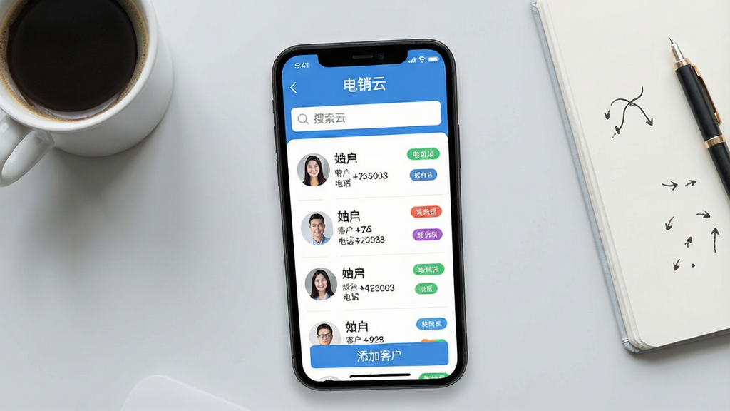 һ��չʾ�����ƿͻ����������ͼƬ�������������ֻ���Ļ����Ļ����ʾ�������ơ�App�Ŀͻ��б�ҳ�棬�б��а����ͻ�ͷ���������绰����Ͳ�ɫ��ǩ����Ļ�Ϸ����������·��С����ӿͻ�����ť��������ǳ��ɫ�칫���棬�Ա߷���һ�����ȺͱʼǱ������������¡����񡢱�ƽ����ϸ�����������ʸɾ����޶���Ԫ�ء�