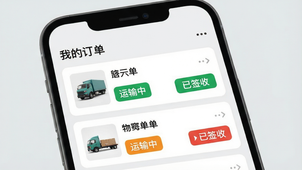 һ��չʾ������ѡAPP����������ѯ�����ͼƬ���������ֻ���Ļ��ʾ���ҵĶ�����ҳ�棬�б���ÿ��������Ƭ�϶�����Ʒ����ͼ�����ƺ���Ŀ������״̬��ǩ�硰�����С�������ǩ�ա�������״̬�ò�ͬ��ɫ���֣����������������岼�����룬����Ϊǳ��ɫ�������ˬֱ�ۣ����ʸɾ��޶���Ԫ�ء�